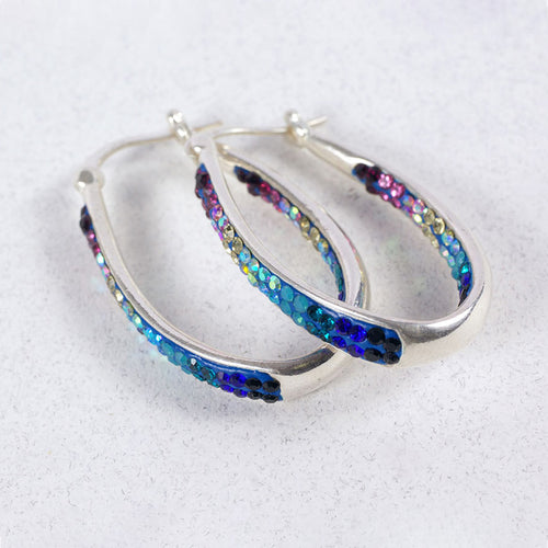 MOSAICO EARRINGS PE-8315-A: multi color Austrians crystals in 1.25" solid silver hoops setting, crystals continue on back, lever backs