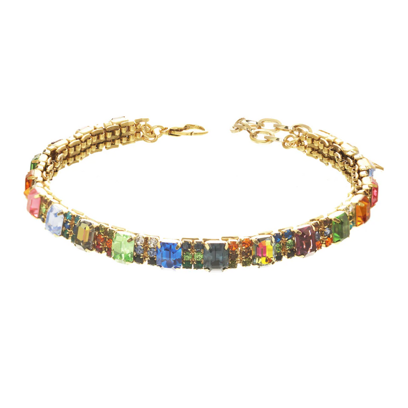 TOVA NECKLACE AUBREY MULTI: multi color Swarovski crystals in gold plated setting, adjustable to 14.5"