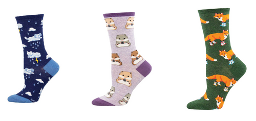 LADIES SOCKS SET OF 3 PAIR RAINING CATS AND DOGS & GOING HAM & SOCKSY FOXES