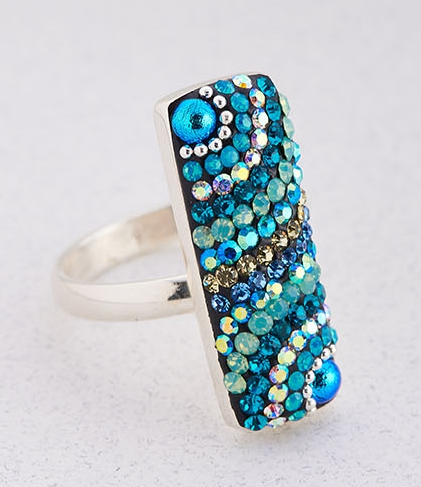 MOSAICO RING PR-8606-I NEW: multi color Austrian crystals in 1" solid silver adjustable setting