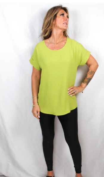 LIME SHORT SLEEVE TOP, CUFFED SLEEVES