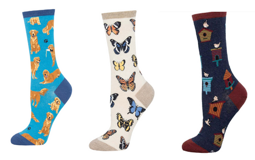 LADIES SOCKS SET OF 3 PAIR / GOLDEN RETRIEVERS & MAJESTIC BUTTERFLIES & BIRDHOUSES