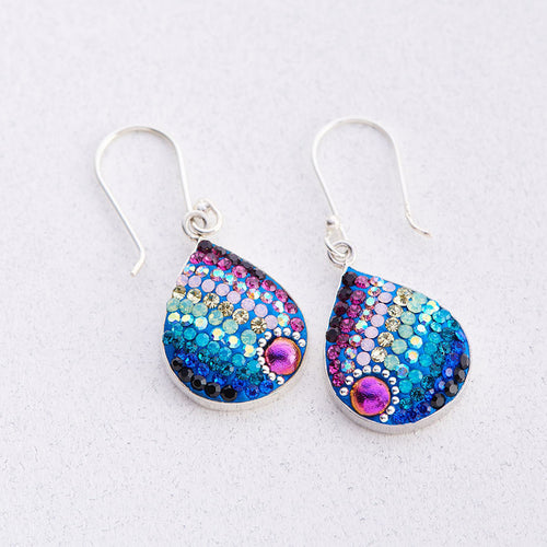 MOSAICO EARRINGS PE-8182-A NEW: multi color Austrian crystals in 3/4" solid silver setting, french wire backs