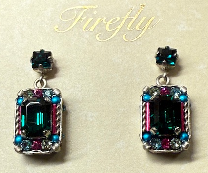 FIREFLY EARRINGS DUCHESS MEDIUM EMERALD: multi color stones in 1" silver setting, post backs