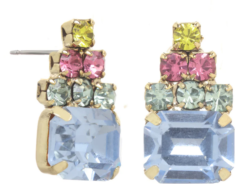 TOVA EARRINGS KIA LIGHT SAPPHIRE: multi color Swarovski crystals in .5" gold plated setting, surgical steel post backs