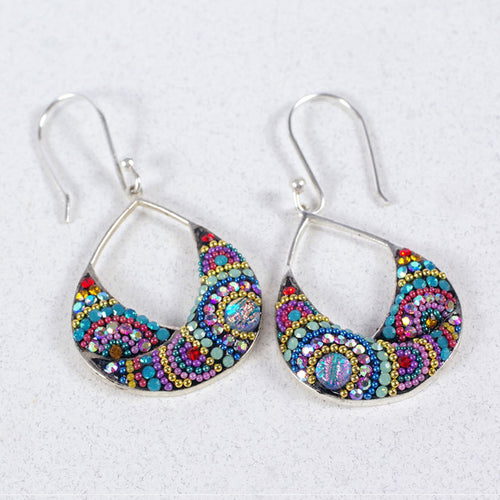MOSAICO EARRINGS PE-8337-L: multi color Austrian crystals in 3/4" wide solid silver setting, french wire backs