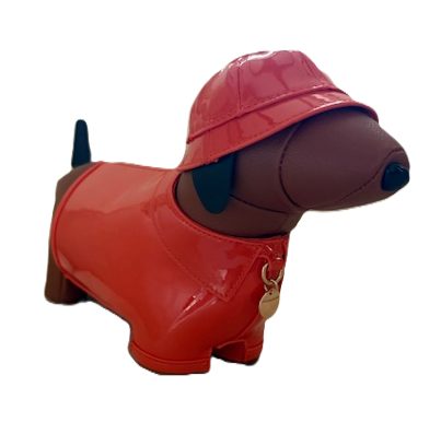 NEW YORK BROWN WIENER DOG BAG WITH ORANGE RAINCOAT 61168