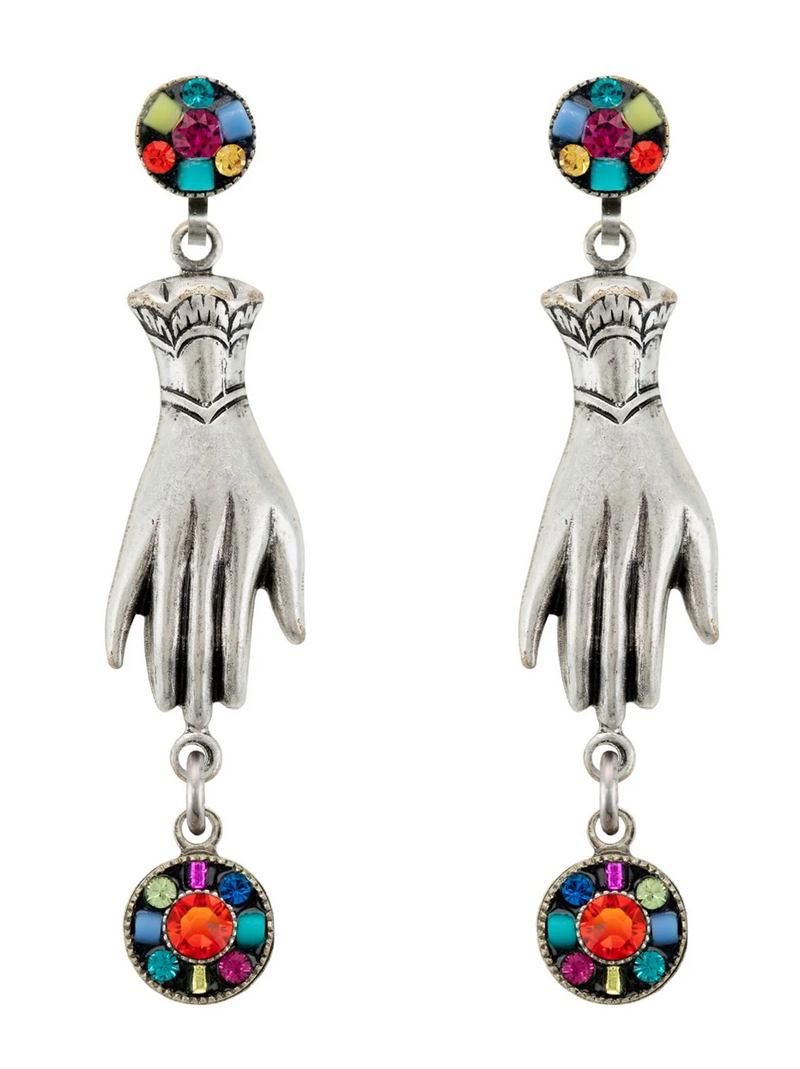 FIREFLY EARRINGS VICTORIAN HAND: multi-color stones in " setting, french wire backs