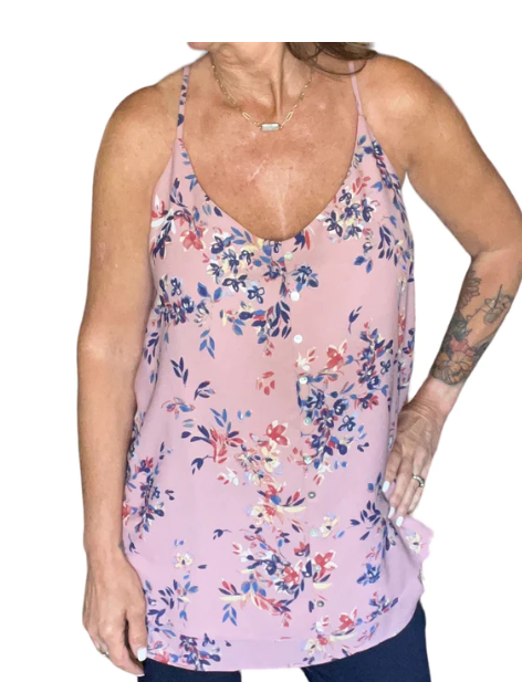 MELLOW ROSE MULTI PRINT SLEEVELESS BLOUSE, BUTTON DETAIL, ADJUSTABLE STRAPS