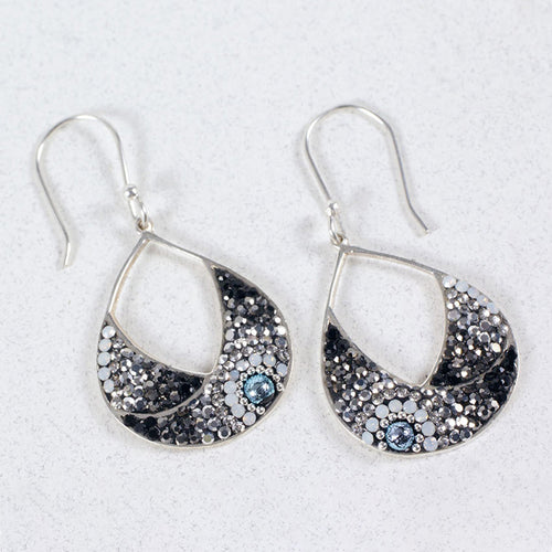 MOSAICO EARRINGS PE8337-H: multi color Austrians crystals in 3/4" wide solid silver setting, french wire backs