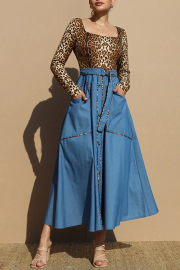 BELTED LEOPARD KNIT TOP DENIM BUTTON UP MIDI DRESS