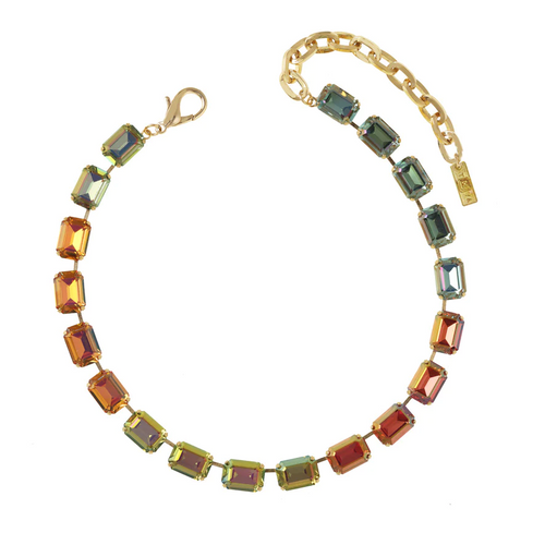TOVA NECKLACE JABAR WATERMELONI: multi color Swarovski crystals in gold plated setting, adjustable to 15.75"