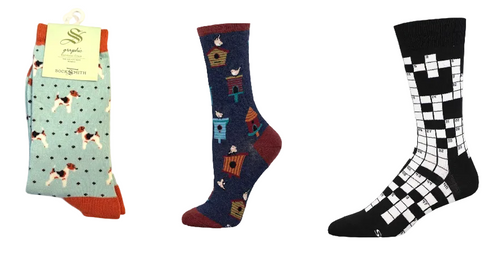 LADIES SOCKS SET OF 3 PAIR / TERRIERS & BIRDHOUSES & SUNDAY CROSSWORD