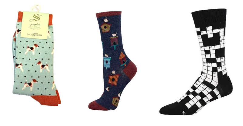 LADIES SOCKS SET OF 3 PAIR / TERRIERS & BIRDHOUSES & SUNDAY CROSSWORD