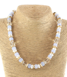 LIGHT BLUE, PEARL, GOLD NECKLACE, ADJUSTABLE GOLD CHAIN