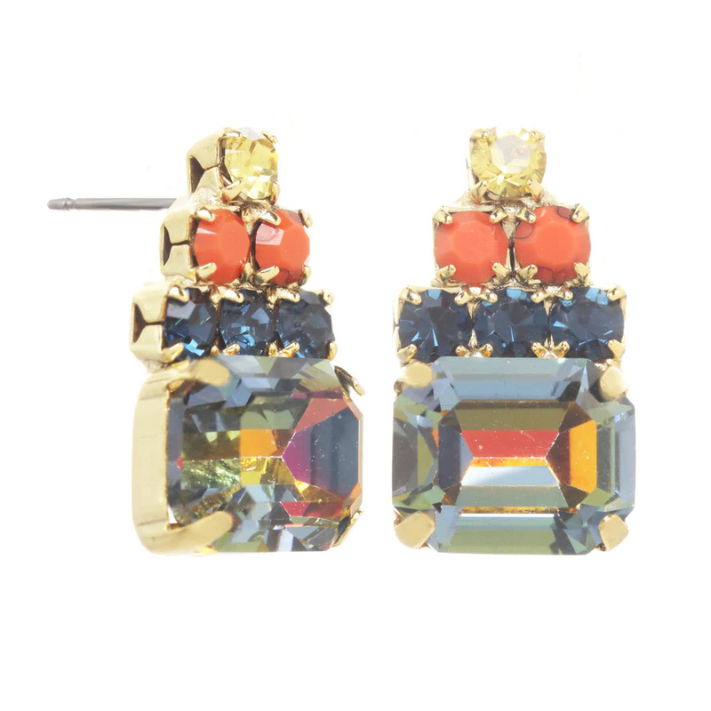 TOVA EARRINGS KIA VOLCANO: multi color Swarovski crystals in .5" gold plated setting, surgical steel post backs