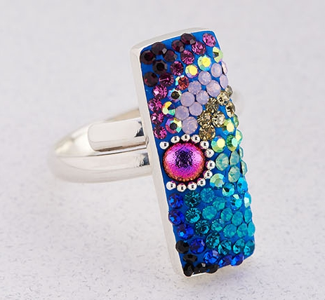 MOSAICO RING PR-8606-A: multi color Austrian crystals in 1" solid silver adjustable setting
