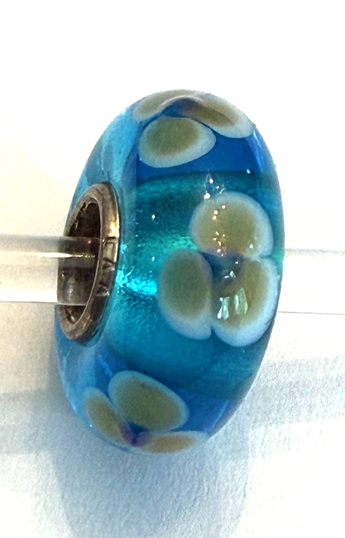 TROLLBEAD UNIVERSAL UNIQUE TEAL WITH BEIGE FLOWERS BEAD
