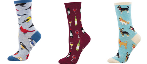 LADIES SOCKS SET OF 3 PAIR / BIRD IS THE WORD & FINE WINE & DOGGY STYLE