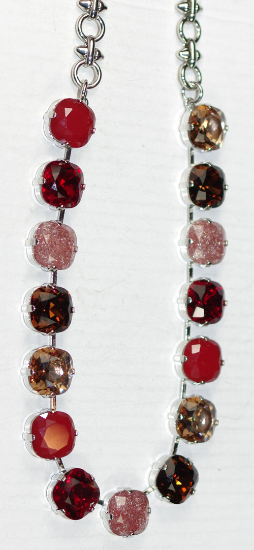 MARIANA NECKLACE BONFIRE: red, amber, brown, ice 3/8" stones in silver rhodium setting, 20" adjustable chain