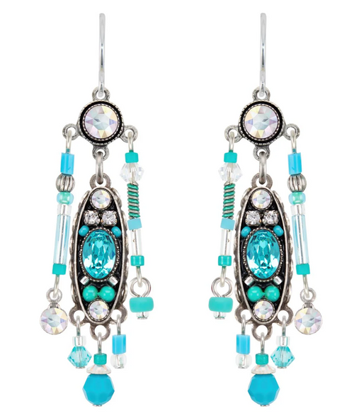 FIREFLY EARRINGS MILANO ELABORATE ICE: multi color stones in 1.5" silver setting, wire backs