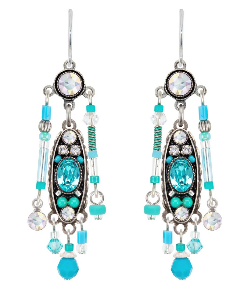 FIREFLY EARRINGS MILANO ELABORATE ICE: multi color stones in 1.5" silver setting, wire backs