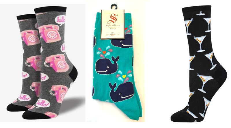 LADIES SOCKS SET OF 3 PAIR / HOLD THE PHONE & WHALE & STIRRED MARTINI