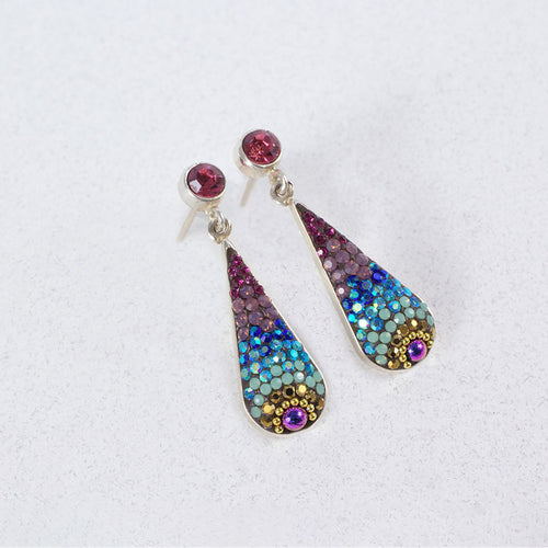 MOSAICO EARRINGS PE-8357-K: multi color Austrian crystals in 1.25" solid silver setting, post backs