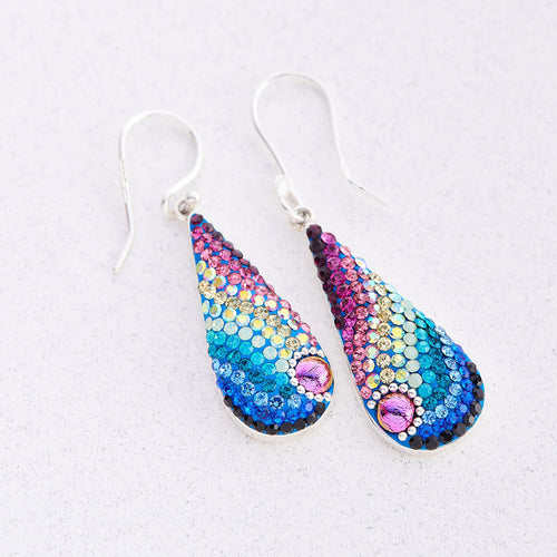 MOSAICO EARRINGS NEW PE-8270-A: multi color Austrian crystals in 1" solid silver setting, french wire backs