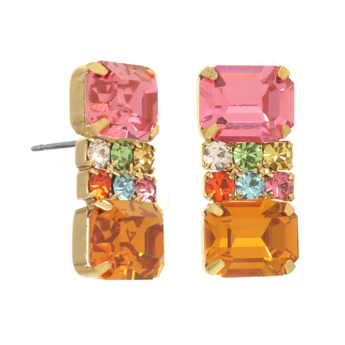 TOVA EARRINGS NAYA STUD PINK: multi color Swarovski crystals in .75" gold plated setting, surgical steel post backs