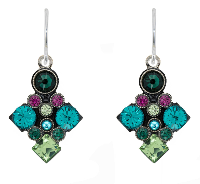 FIREFLY EARRINGS ARCHITECTURAL EMERALD: multi color stones in 3/4" silver setting, wire backs