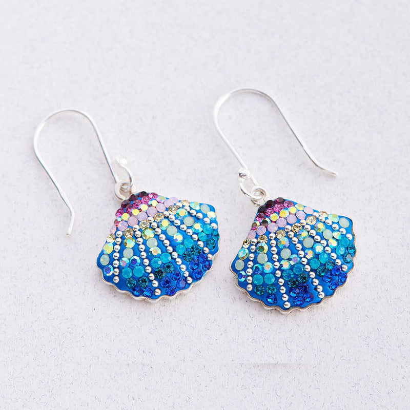 MOSAICO EARRINGS PE-8148-A: multi color Austrian crystals in 3/4" solid silver setting, french wire backs