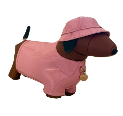 NEW YORK BROWN WIENER DOG BAG WITH PINK RAINCOAT 61169