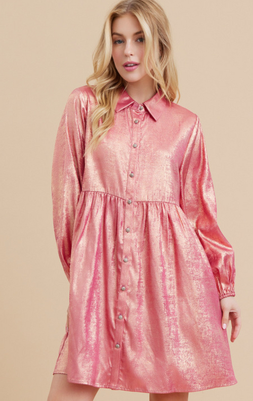 METALLIC BABYDOLL DRESS HOT PINK