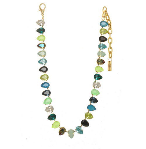 TOVA NECKLACE MINI AVANI BLUE/GREEN: multi color Swarovski crystals in gold plated setting, 14.5" with 3" extension, adjustable