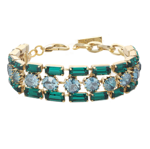 TOVA BRACELET MAKENA EMERALD: blue, green Swarovski crystals in gold plated setting, 5.5" with 1.5" extension