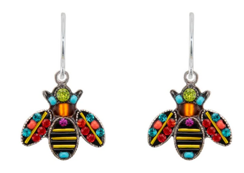 FIREFLY EARRINGS QUEEN BEE TANG: multi color stones in 1/2" silver setting, wire backs