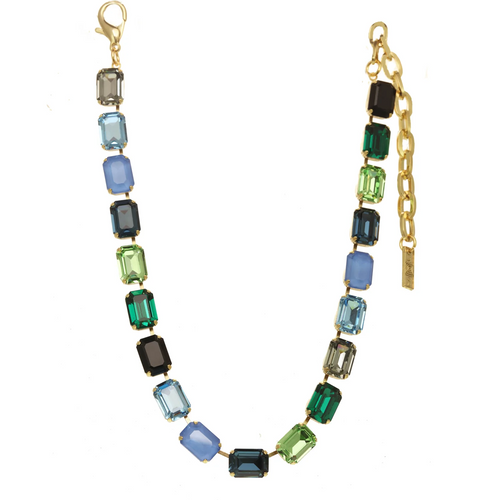 TOVA NECKLACE JABARI BLUE/EMERALD: multi color Swarovski crystals in gold plated setting, 12.25" with 3.5" extension, adjustable