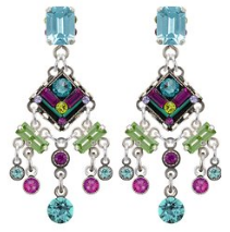 FIREFLY EARRINGS ARCHITECTURAL MC: multi color stones in " silver setting, post backs