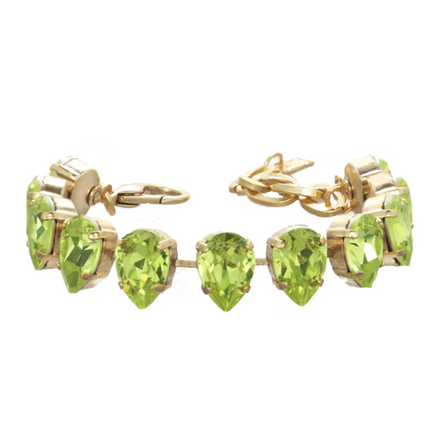 TOVA BRACELET AVANI CHARTREUSE: green pear shaped Swarovski crystals in gold plated setting, 5.5" with 1.5" extension