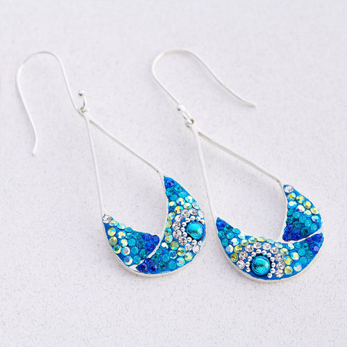 MOSAICO EARRINGS PE-8336-D: multi color Austrian crystals in 1.5" solid silver setting, french wire backs