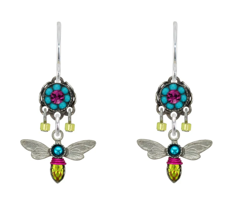 FIREFLY EARRINGS DRAGONFLY WITH FLOWER: multi-color stones in 3/4" setting, french wire backs