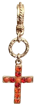 MARIANA EARRINGS RING OF FIRE: red, orange stones in 2.25" long rose gold setting, post backs