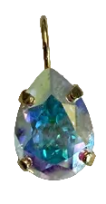 MARIANA EARRINGS: clear a/b pear shape stone in 1/2" yellow gold setting, lever backs