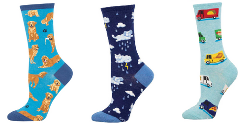 LADIES SOCKS SET OF 3 PAIR / GOLDEN RETRIEVERS & RAINING CATS AND DOGS & FOOD TRUCK