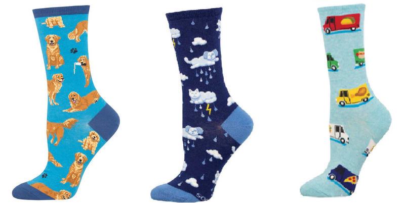 LADIES SOCKS SET OF 3 PAIR / GOLDEN RETRIEVERS & RAINING CATS AND DOGS & FOOD TRUCK