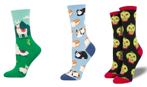 LADIES SOCKS SET OF 3 PAIR / YO LLAMA & CAT LOAF & BAD APPLE