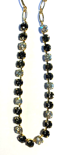 MARIANA NECKLACE BETTE FRESH ICE: black diamond, clear, taupe 1/4" stones in yellow gold setting, 17" adjustable chain