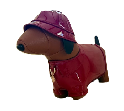 NEW YORK BROWN WIENER DOG BAG WITH RED RAINCOAT 61167