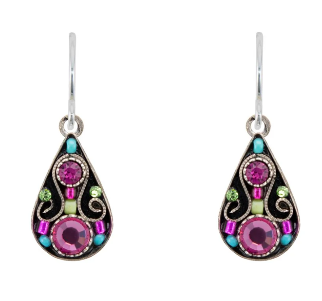 FIREFLY EARRINGS SMALL DROP ROSE multi color stones in 1/2" silver setting, wire backs
